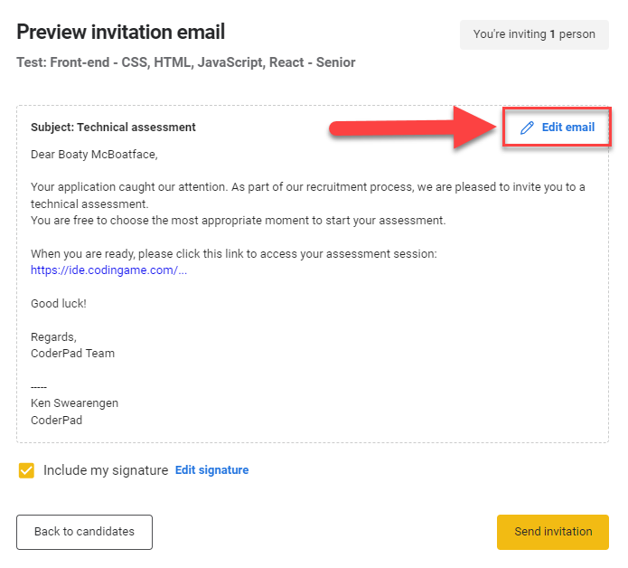 The "preview invitation email" screen with an arrow pointing to the "edit email" option.