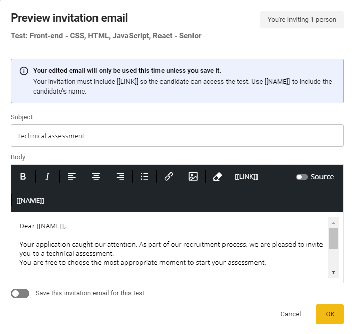 L'éditeur d'e-mails d'invitation s'affiche avec des zones de texte permettant de modifier l'objet et le corps de l'e-mail.