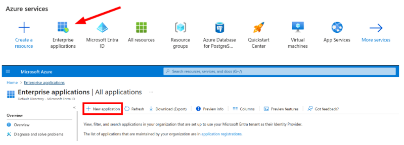 MS Azure AD admin center with arrow pointing to "enterprise applications" and "new application".