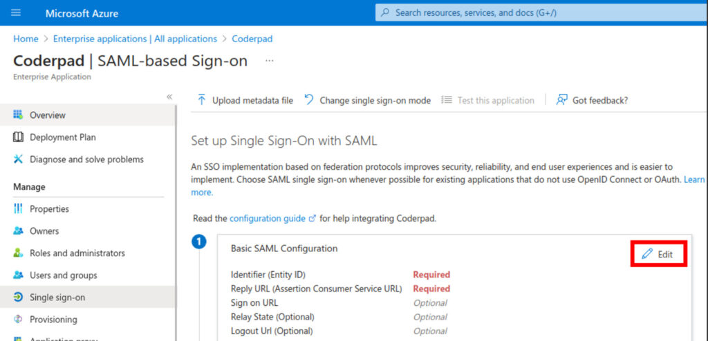 The "edit" button is highlighted in the "Basic saml configuration" box on the SAML-based sign-on screen.