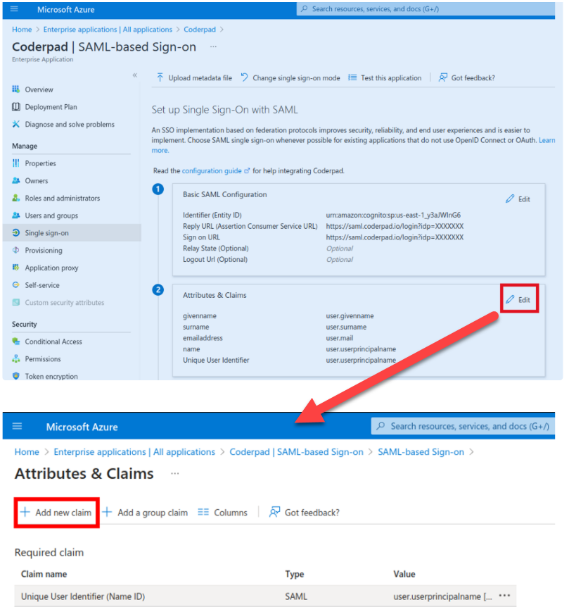 On the saml-based sign-on screen, the edit button is highlighted in the attributes and claims section. below that is the attributes and claims window and the "add new claim" button is highlighted.