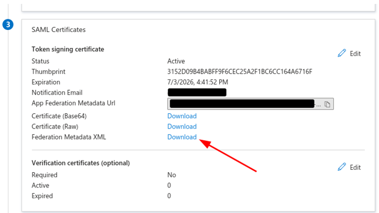 La page des certificats SAML avec une flèche pointant vers le lien de téléchargement du fichier xml des métadonnées de la fédération.