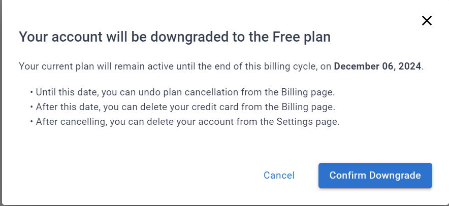 A box with the title "your account will be downgraded to the free plan" and listing the date on which the free plan will take effect.