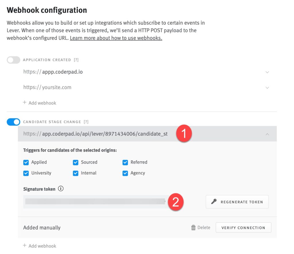 The Webhook configuration page is shown. The "candidate stage change" section is enabled, there is a "1" next to the url  at the top, all the triggers for candidates of the selected origins are checked below that, and the signature token below that has a "2" next to it.