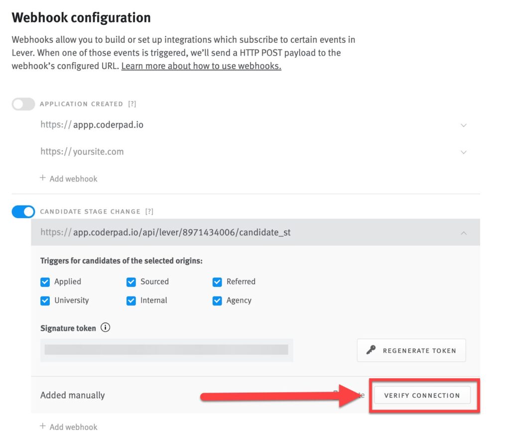 The webhook configuration page is shown again with an arrow pointing to the "verify connection" button at the bottom.