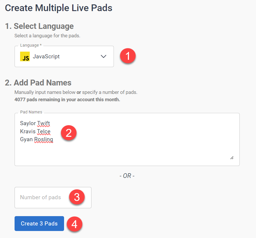 The create multiple pads screen. There is a #1 next to the "Select language" option, a #2 next to the text box to add pad names, a #3 next to the option to add the number of pads instead of using names, and a #4 next to the "create pads" button at the bottom of the screen.