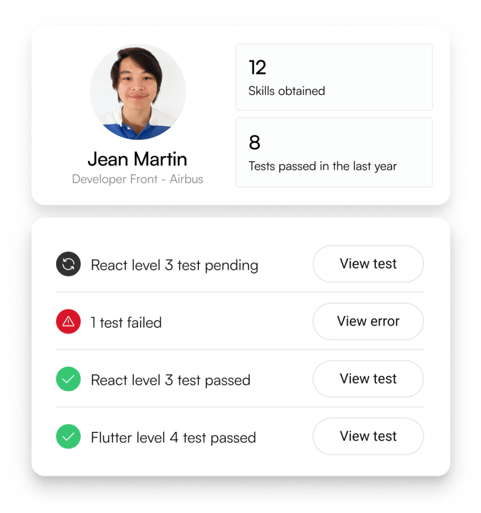 Dashboard showing how many tests a developer has passed and what skills they have obtained for improvement