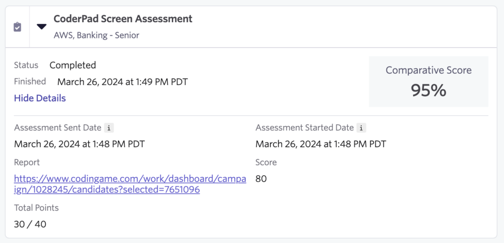 An image showing a CoderPad screen assessment result. The assessment is for a Senior position in AWS, Banking. The status is marked as completed with the finish date and time noted as March 26, 2024, at 1:49 PM PDT. The assessment was both sent and started on the same day, March 26, 2024, at 1:48 PM PDT. A link to the detailed report is provided. The total points scored are 30 out of 40, with a score of 80 and a comparative score of 95%.