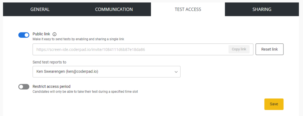 Dans les paramètres du test, l'onglet "lien public" est sélectionné et un lien public est affiché.