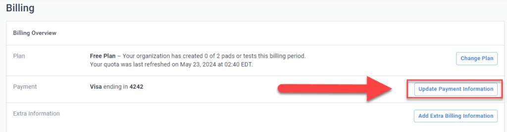 The image shows a section of a billing overview page from an online account. It includes details such as the current plan, payment method, and options for updating billing information. Here's a description of the key elements:

1. **Billing Overview Section:**
   - **Plan:** Indicates the user is on a "Free Plan" and has created 0 of 2 pads or tests in the current billing period. The quota was last refreshed on May 23, 2024, at 02:40 EDT.
   - **Payment:** Lists the payment method as a Visa card ending in 4242.
   - **Update Payment Information Button:** A button labeled "Update Payment Information" is highlighted with a red arrow pointing to it, suggesting it is the primary action to take on this page.

2. **Other Options:**
   - **Change Plan Button:** Located next to the plan details, allowing the user to change their current subscription plan.
   - **Add Extra Billing Information Button:** Located below the payment details, allowing the user to add additional billing information if needed.

This description covers the main components and functionality available on the billing overview page.