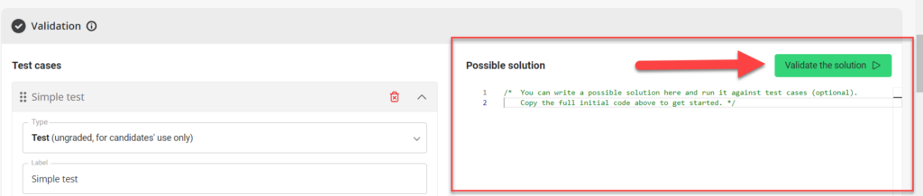 The validation section is shown with the possible solution box and validate the solution button highlighted.