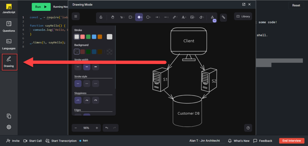 The draw button is highlighted in the left tab menu and the draw window is open in the center of the screen.