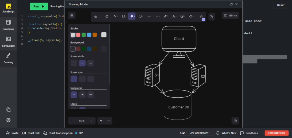 The drawing mode screen is open with a mock diagram showing a flow between different shapes.