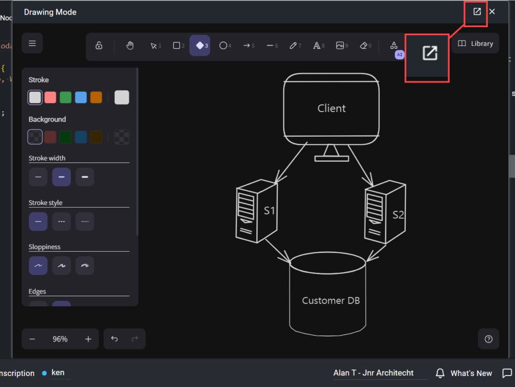 The "open in new window" button is shown at the top right of the drawing mode window.